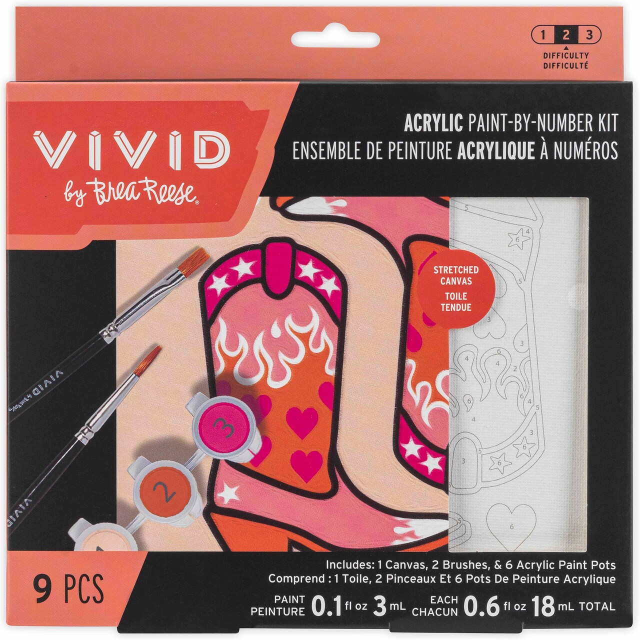 Vivid by Brea Reese: Acrylic Mini Paint-By-Number Kit – Cowgirl Boot - 6 x 6" Canvas, 6 Color Pods, 2 Brushes, Peach-Hot Pink-Orange, DIY Art Craft